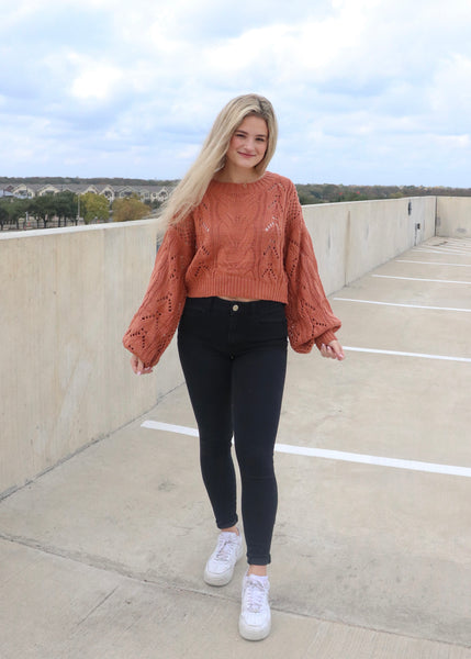 Terra cotta knit sweater with balloon sleeves