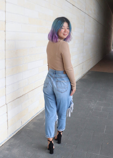 Taupe ribbed bodysuit with a mock turtleneck