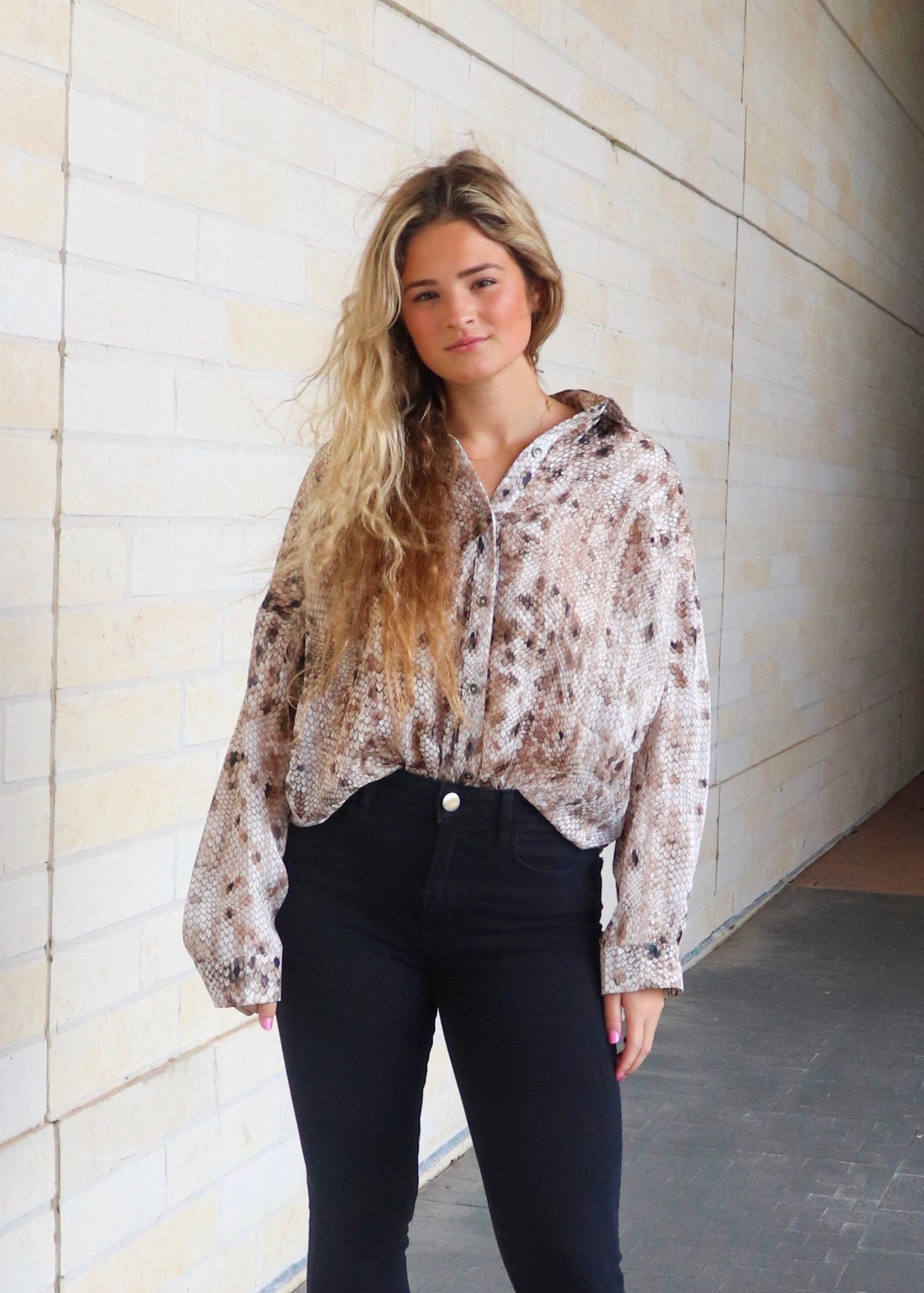 Lightweight snake print button-down top