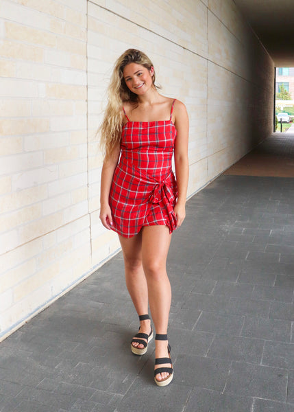 Red plaid wrap dress with liner