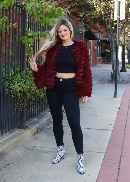 Soft burgundy fringe fur jacket with lining