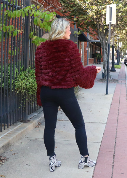 Soft burgundy fringe fur jacket with lining