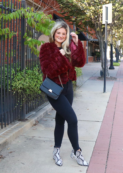 Soft burgundy fringe fur jacket with lining