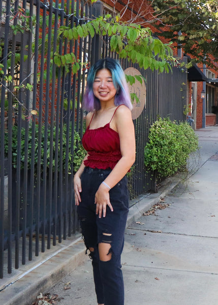 Burgundy satin tank top with ruching