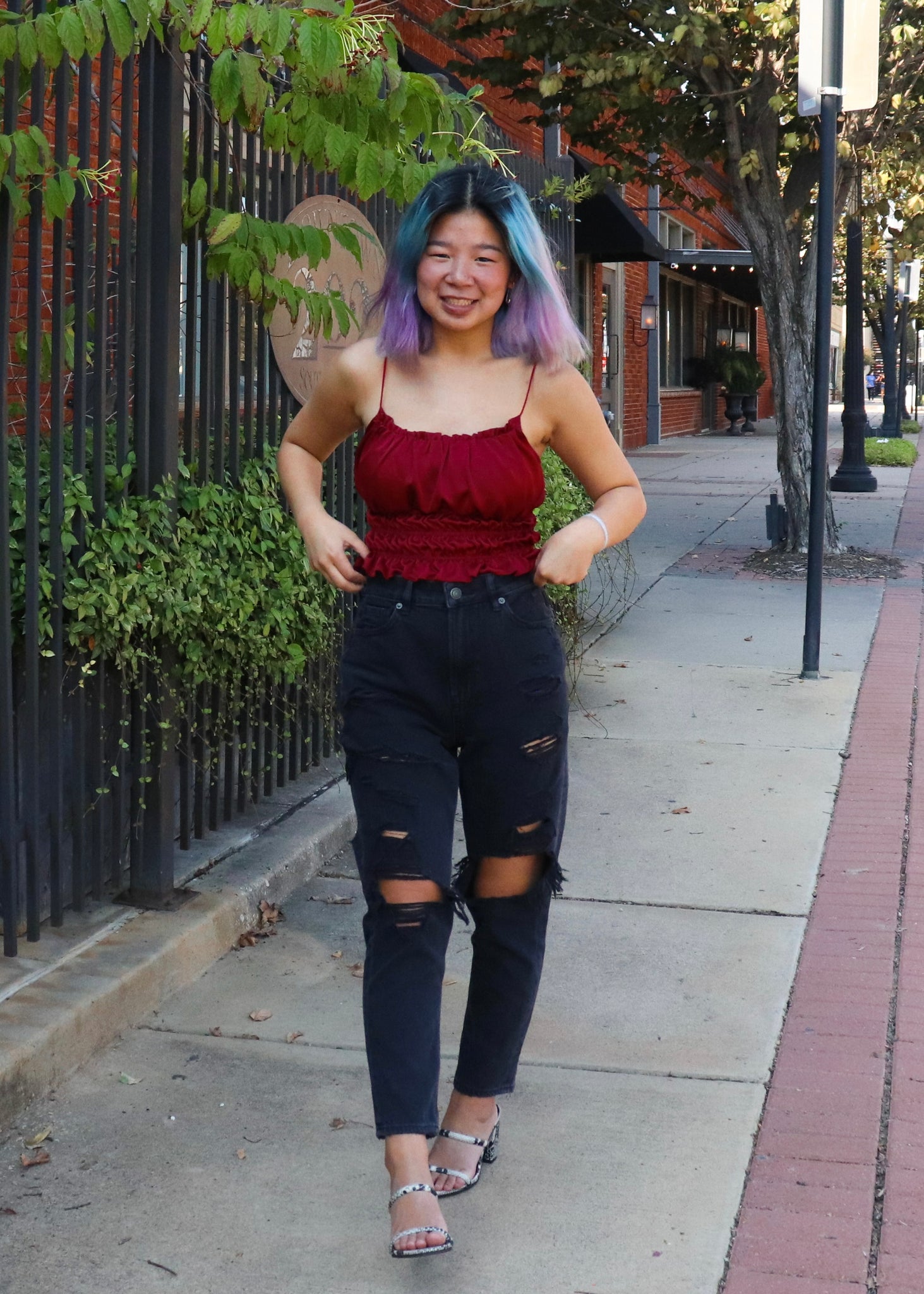 Burgundy satin tank top with ruching