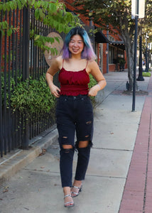 Burgundy satin tank top with ruching