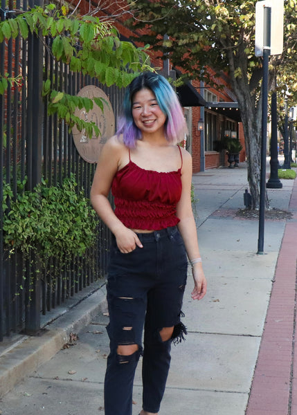 Burgundy satin tank top with ruching