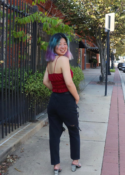 Burgundy satin tank top with ruching