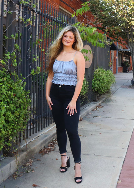 Silver satin tank top with ruching