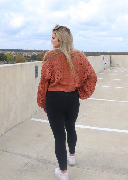 Terra cotta knit sweater with balloon sleeves