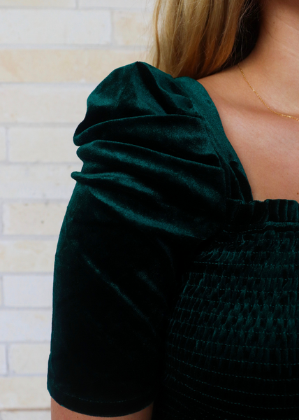 Emerald green velvet top with princess puff sleeves